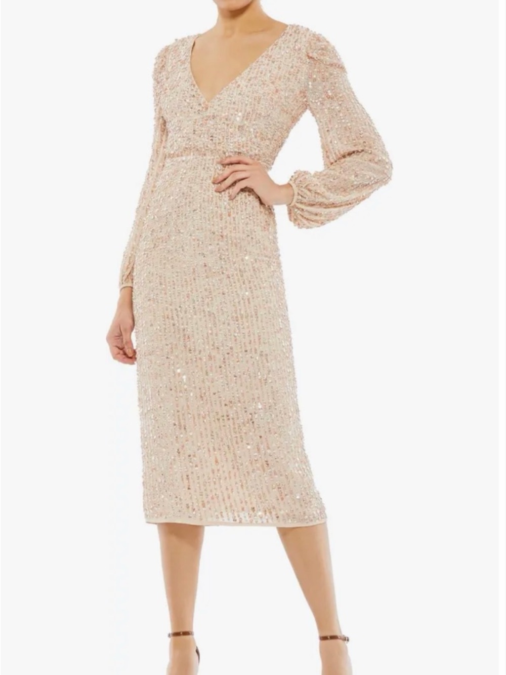 Sequin Faux Wrap V Neckline Cocktail Dress with Puff-Shoulder Sleeves (nude)
